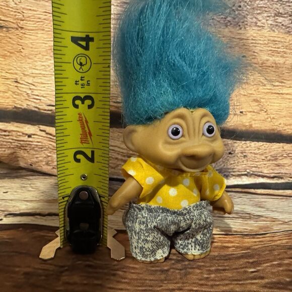 Vintage TNT  Troll Doll Blue Hair Yellow Polka Dot Shirt Stone Pants 3” Figure - Picture 6 of 6